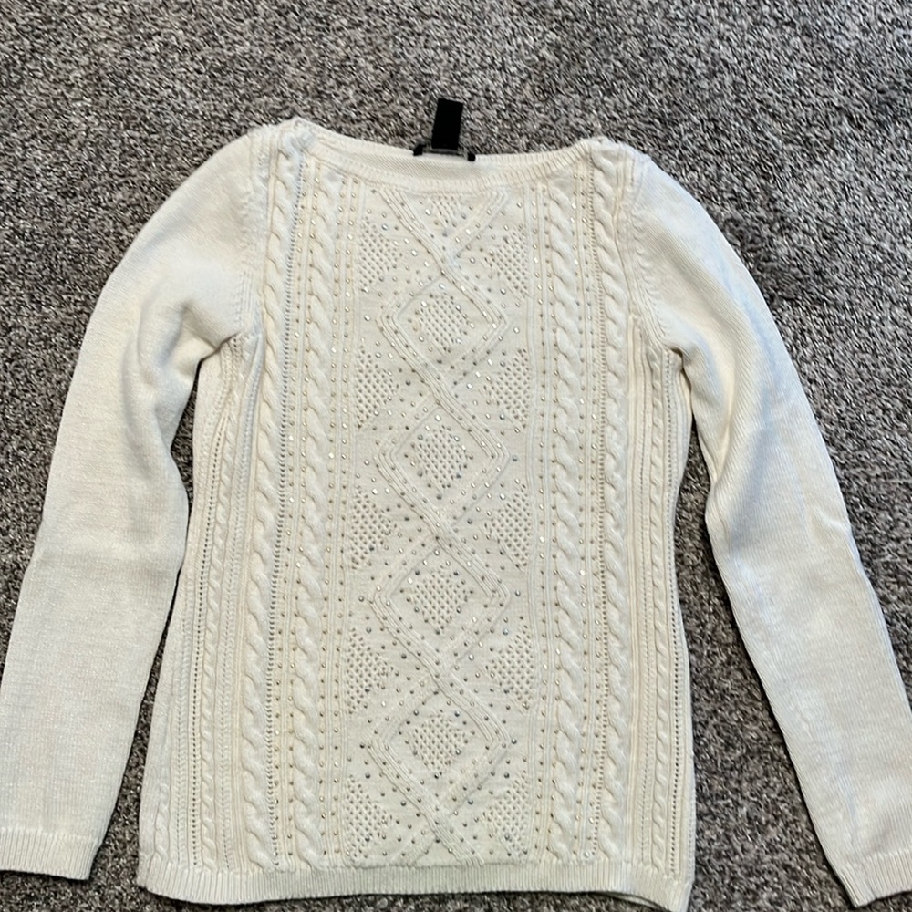 WHITE HOUSE BLACK MARKET Ivory Wool Blend Cable Knit Sweater Studded